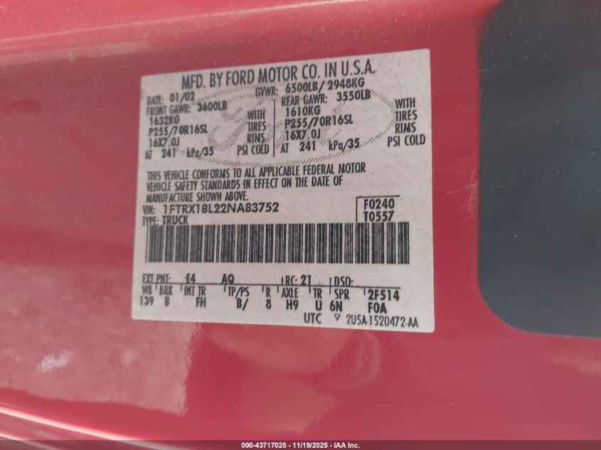 2002 Ford F-150 Lariat/Xl/Xlt VIN: 1FTRX18L22NA83752 Lot: 43717025