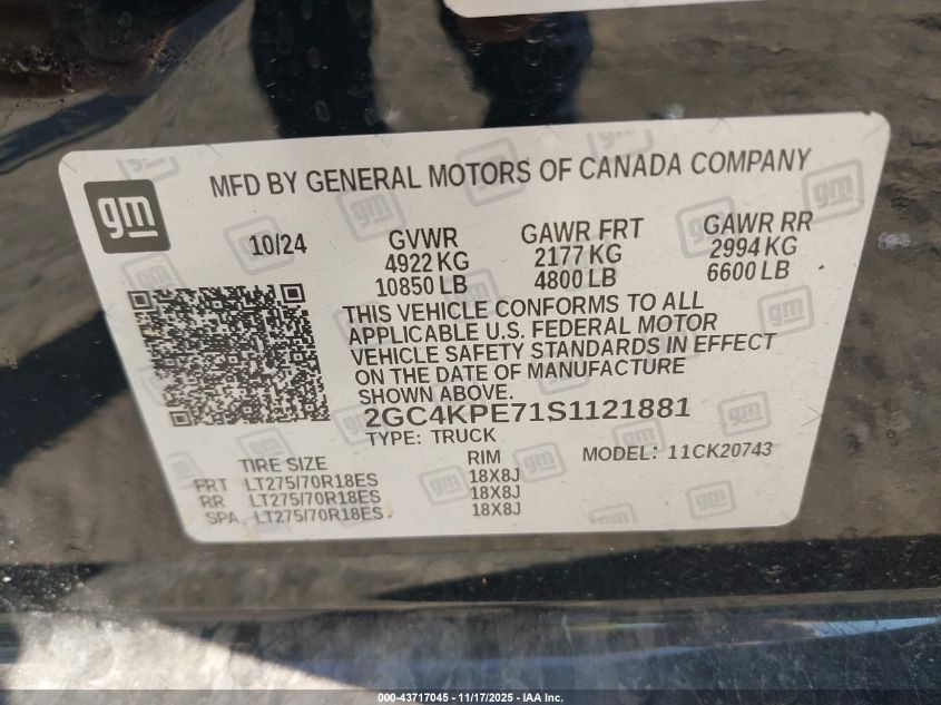2025 Chevrolet Silverado 2500Hd 4Wd Standard Bed Ltz VIN: 2GC4KPE71S1121881 Lot: 43717045
