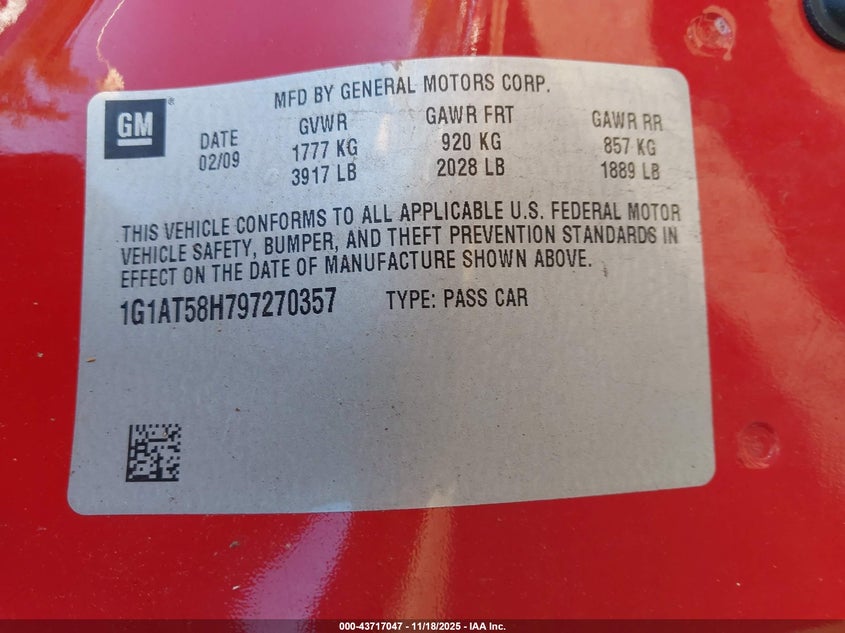 2009 Chevrolet Cobalt Lt VIN: 1G1AT58H797270357 Lot: 43717047