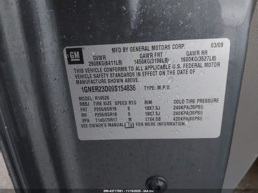 2009 Chevrolet Traverse Lt VIN: 1GNER23D09S154836 Lot: 43717081