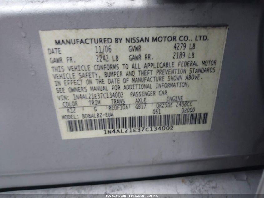 2007 Nissan Altima 2.5 S VIN: 1N4AL21E37C134002 Lot: 43717086
