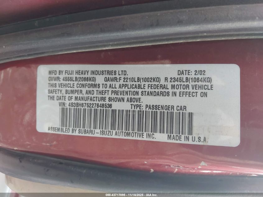 2002 Subaru Outback VIN: 4S3BH675227648536 Lot: 43717095