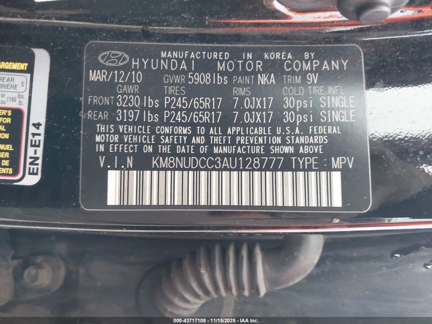 KM8NUDCC3AU128777 2010 HYUNDAI VERACRUZ photo no. 9
