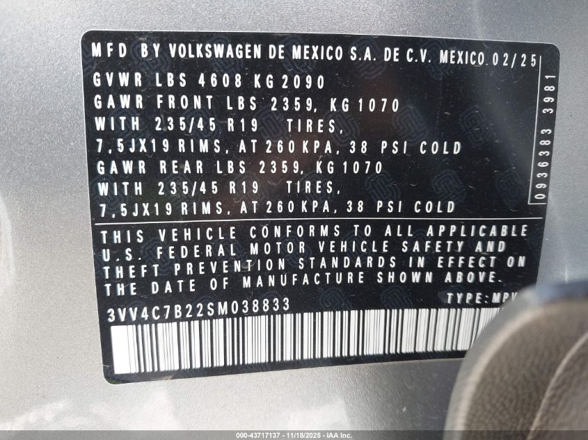 2025 Volkswagen Taos 1.5T Sel VIN: 3VV4C7B22SM038833 Lot: 43717137