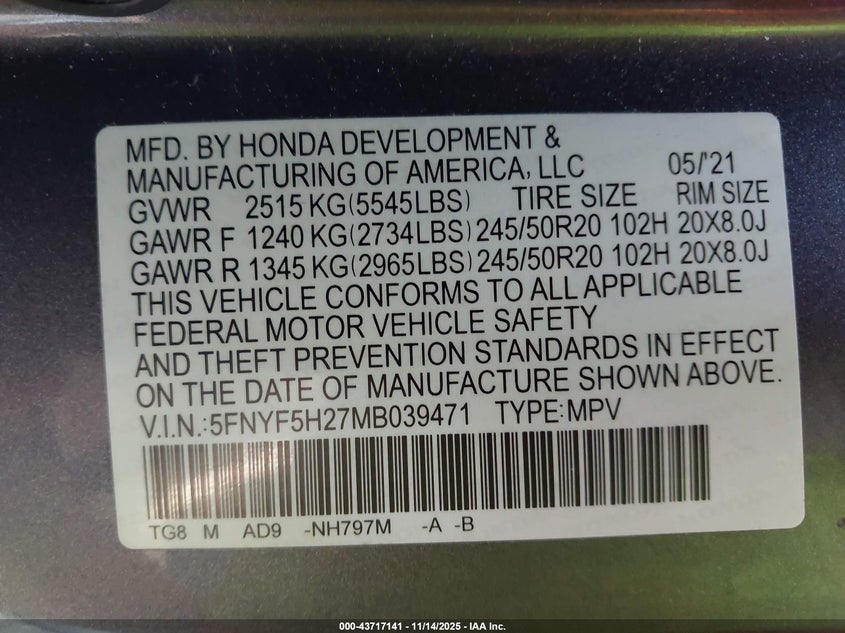5FNYF5H27MB039471 2021 HONDA PILOT photo no. 9