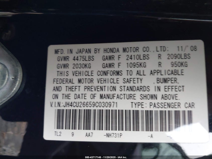 2009 Acura Tsx VIN: JH4CU26659C030971 Lot: 43717146