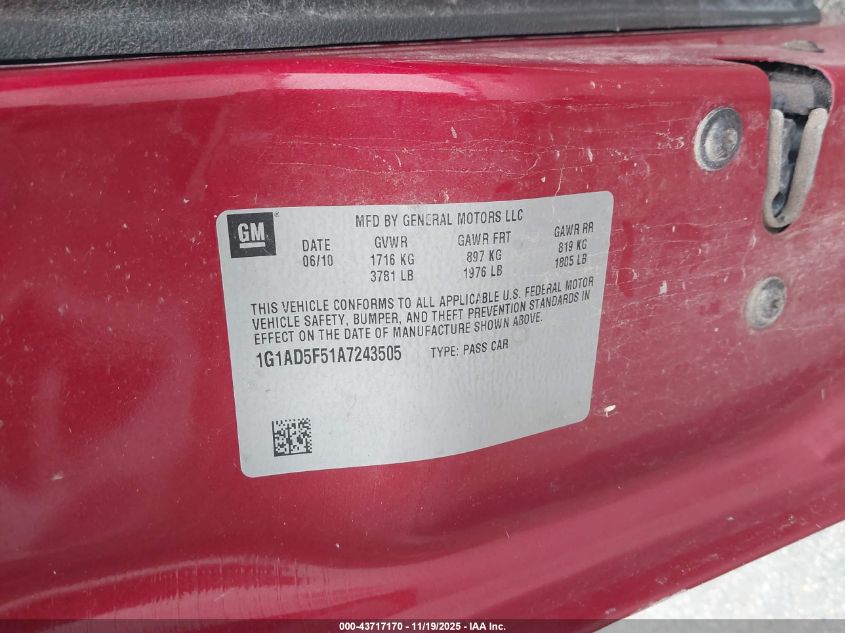 2010 Chevrolet Cobalt Lt VIN: 1G1AD5F51A7243505 Lot: 43717170
