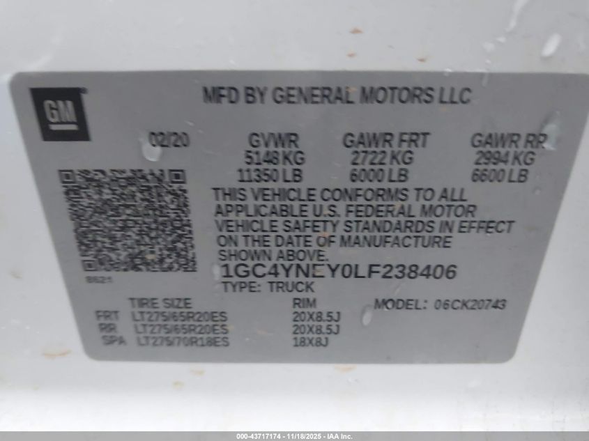 2020 Chevrolet Silverado 2500Hd 4Wd Standard Bed Lt VIN: 1GC4YNEY0LF238406 Lot: 43717174