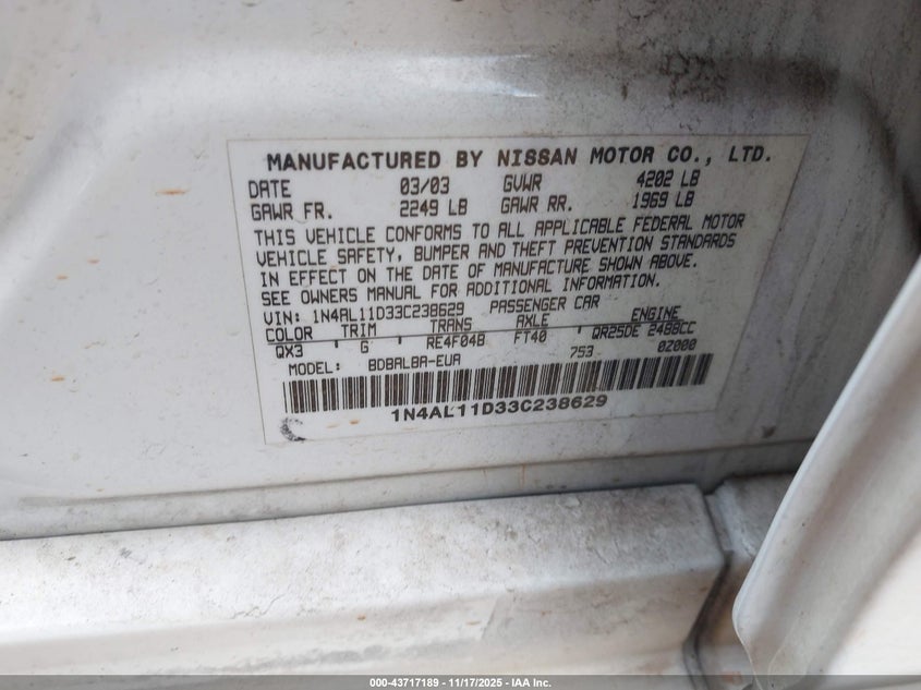 2003 Nissan Altima 2.5 S VIN: 1N4AL11D33C238629 Lot: 43717189