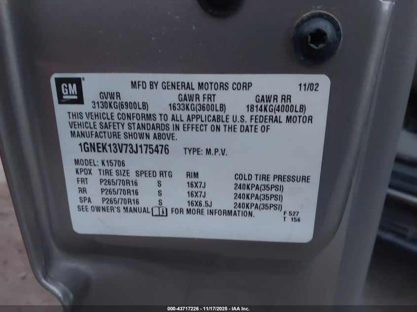 2003 Chevrolet Tahoe Ls VIN: 1GNEK13V73J175476 Lot: 43717226