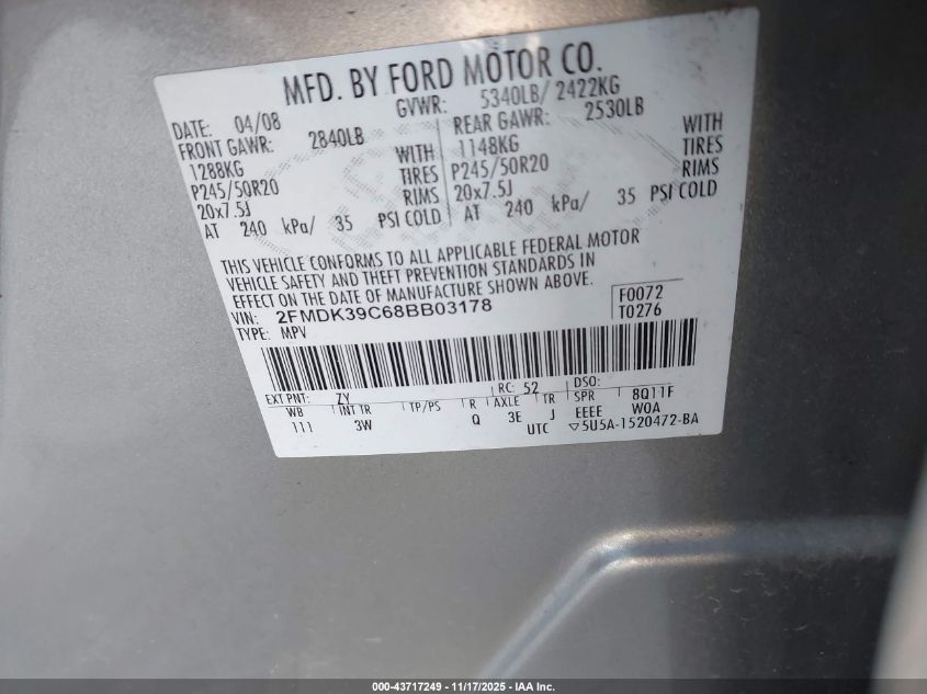 2008 Ford Edge Limited VIN: 2FMDK39C68BB03178 Lot: 43717249