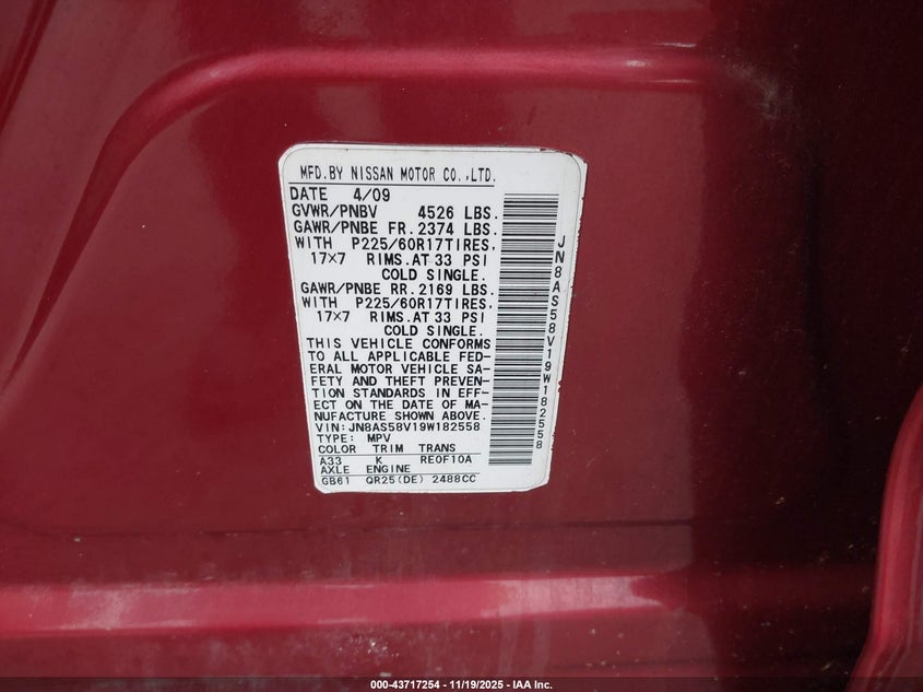 2009 Nissan Rogue Sl VIN: JN8AS58V19W182558 Lot: 43717254