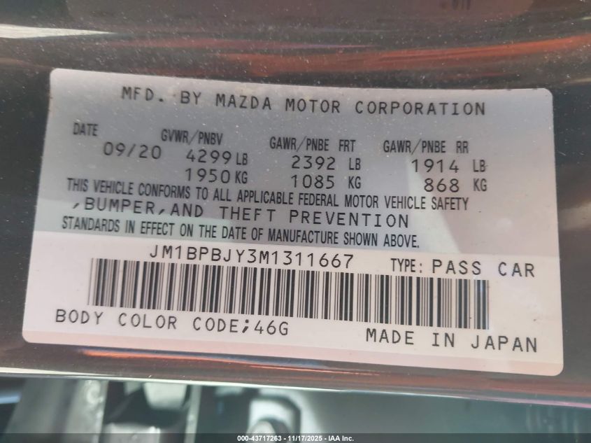 2021 Mazda Mazda3 2.5 Turbo VIN: JM1BPBJY3M1311667 Lot: 43717263