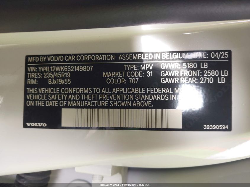 2025 Volvo V60 Cross Country B5 Plus VIN: YV4L12WK6S2149807 Lot: 43717264