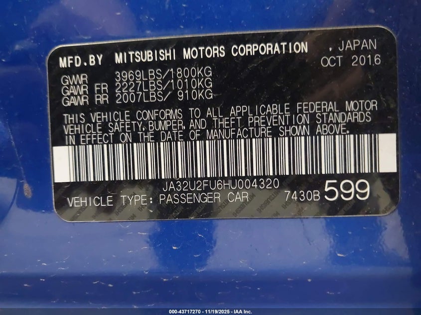 2017 Mitsubishi Lancer Es/Le VIN: JA32U2FU6HU004320 Lot: 43717270