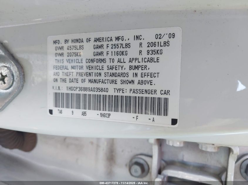 2009 Honda Accord 3.5 Ex-L VIN: 1HGCP36889A035840 Lot: 43717278