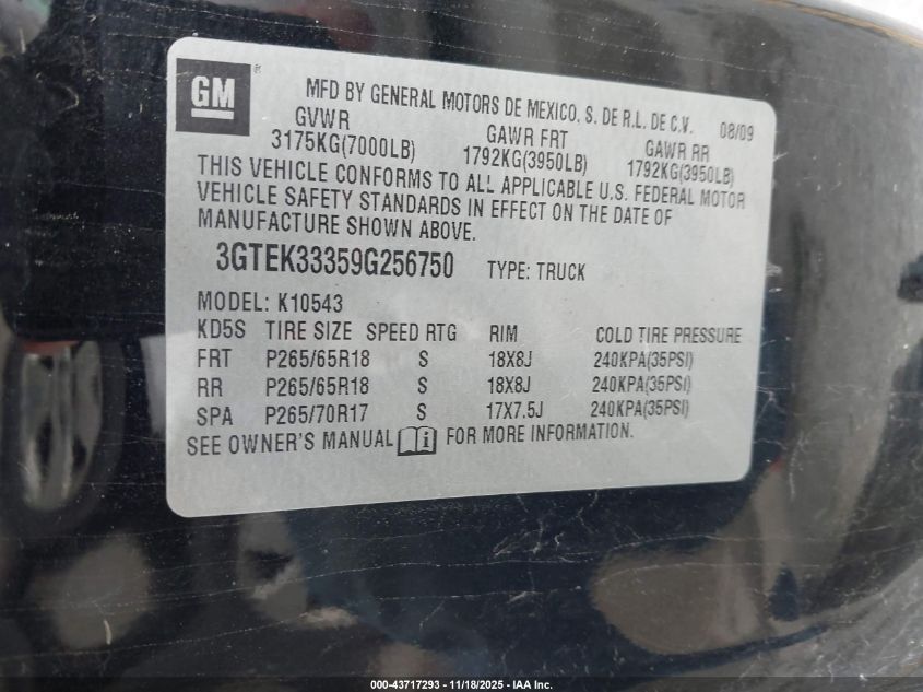 2009 GMC Sierra 1500 Slt VIN: 3GTEK33359G256750 Lot: 43717293
