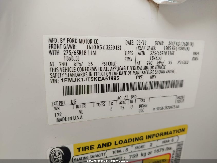 2019 Ford Expedition Max Xlt VIN: 1FMJK1JT5KEA51895 Lot: 43717298