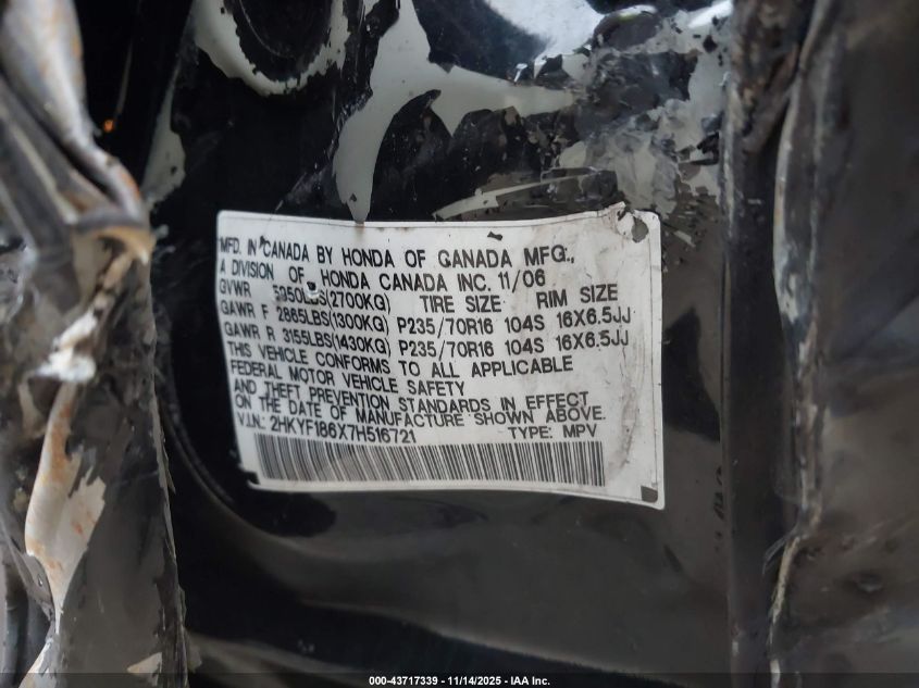 2007 Honda Pilot Ex-L VIN: 2HKYF186X7H516721 Lot: 43717339