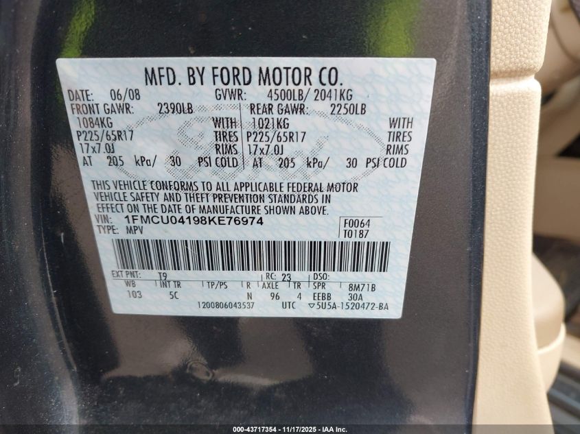 2008 Ford Escape Limited VIN: 1FMCU04198KE76974 Lot: 43717354