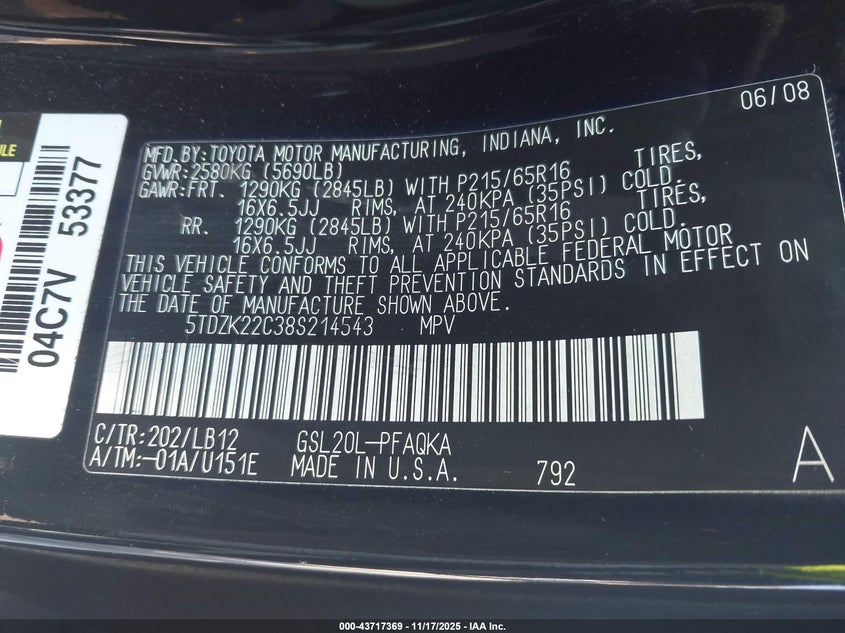 5TDZK22C38S214543 2008 TOYOTA SIENNA photo no. 9