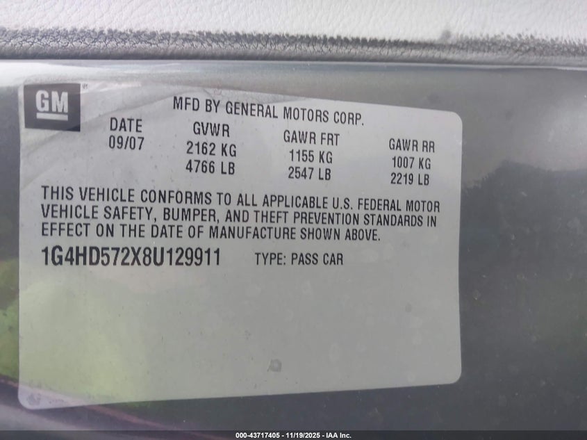 2008 Buick Lucerne Cxl VIN: 1G4HD572X8U129911 Lot: 43717405