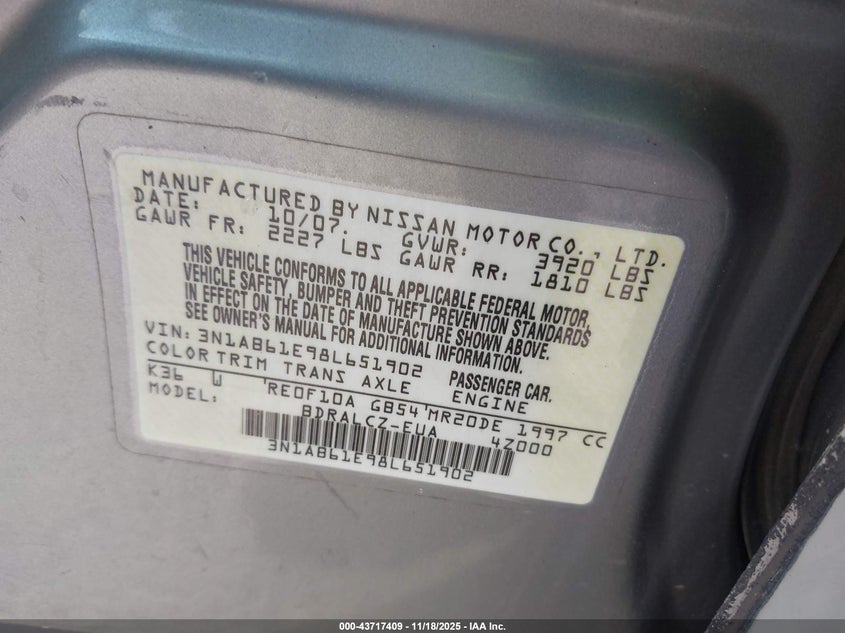 2008 Nissan Sentra 2.0 VIN: 3N1AB61E98L651902 Lot: 43717409