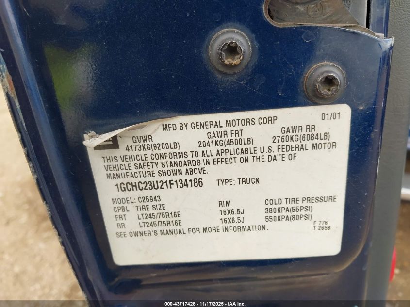 2001 Chevrolet Silverado 2500Hd Ls VIN: 1GCHC23U21F134186 Lot: 43717428