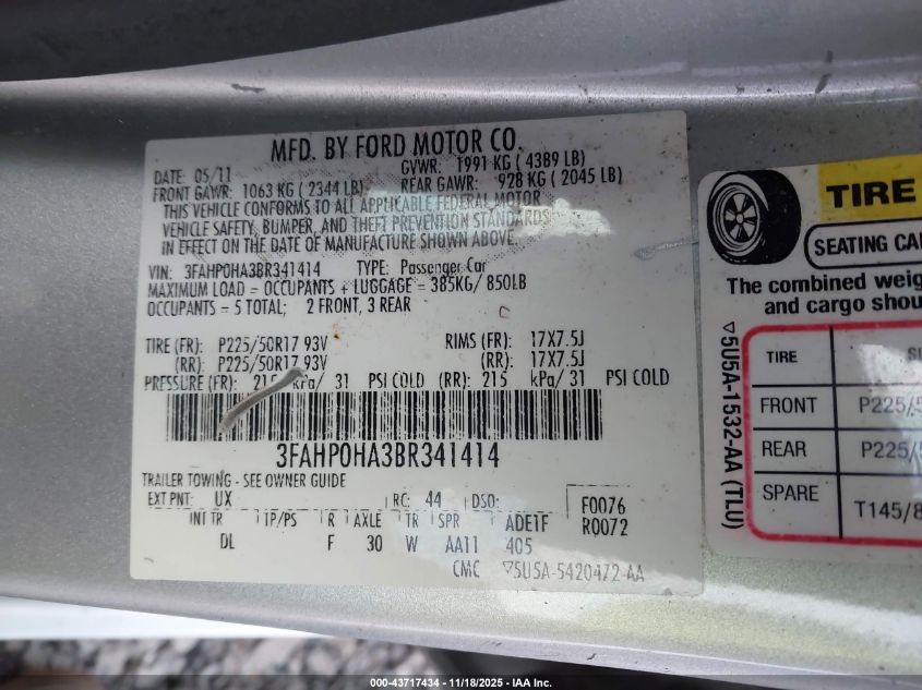 2011 Ford Fusion Se VIN: 3FAHP0HA3BR341414 Lot: 43717434