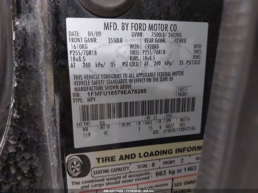 2009 Ford Expedition Eddie Bauer/King Ranch VIN: 1FMFU18579EA78288 Lot: 43717438