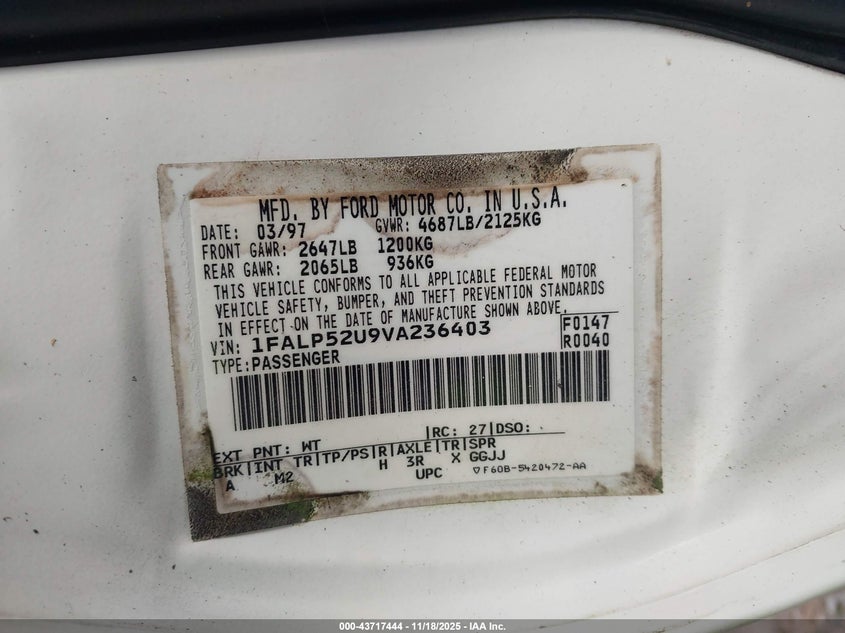 1997 Ford Taurus Gl VIN: 1FALP52U9VA236403 Lot: 43717444