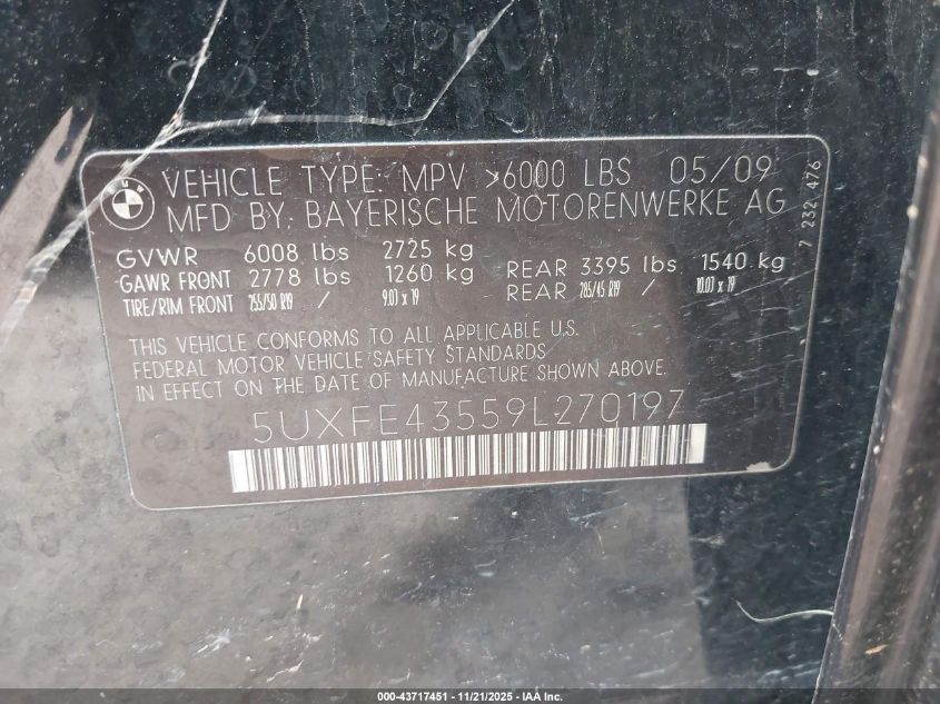 2009 BMW X5 xDrive30I VIN: 5UXFE43559L270197 Lot: 43717451