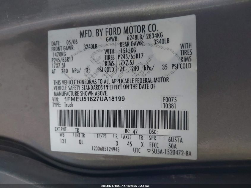 2007 Ford Explorer Sport Trac Xlt VIN: 1FMEU51827UA18199 Lot: 43717465