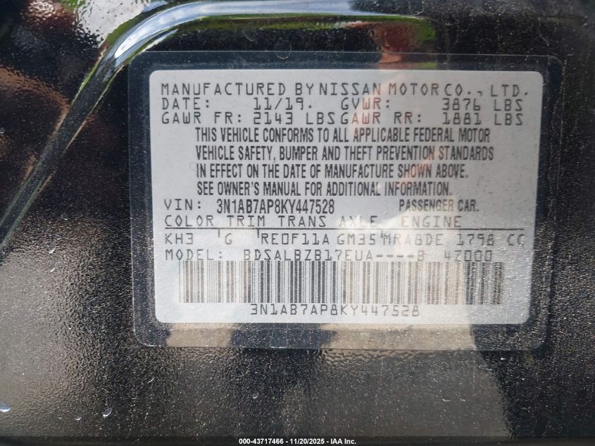 2019 Nissan Sentra S VIN: 3N1AB7AP8KY447528 Lot: 43717466