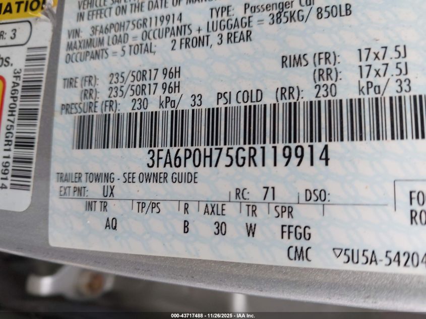 2016 Ford Fusion Se VIN: 3FA6P0H75GR119914 Lot: 43717488