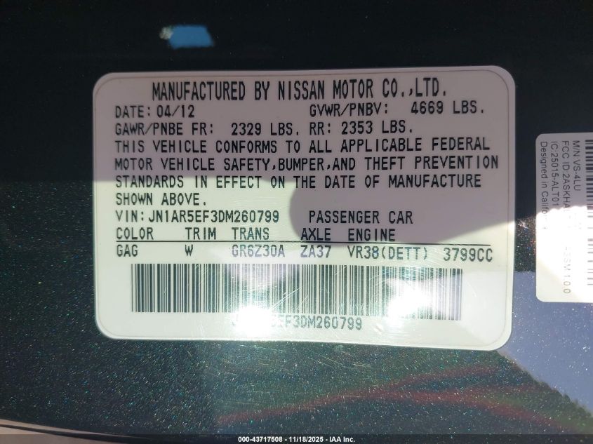 2013 Nissan Gt-R Premium VIN: JN1AR5EF3DM260799 Lot: 43717508