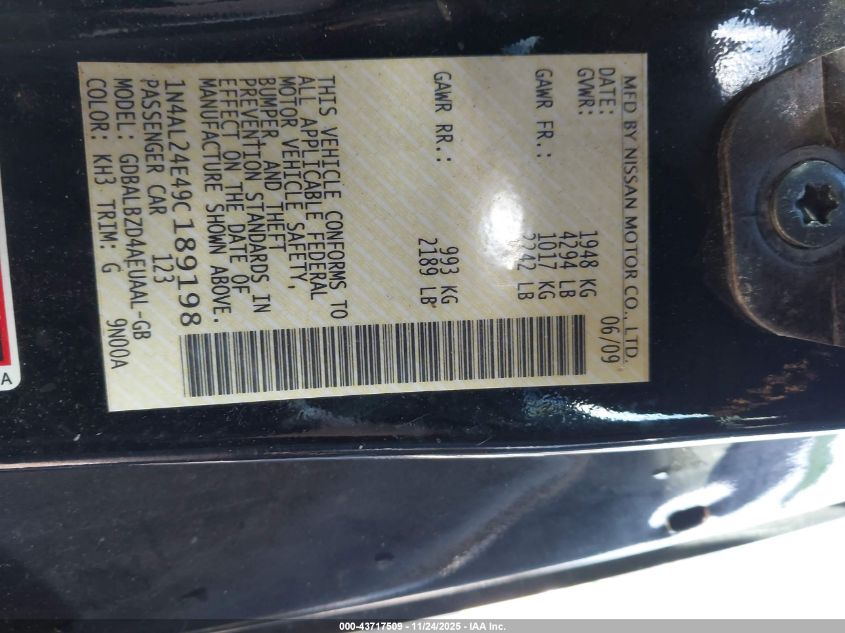 2009 Nissan Altima 2.5 S VIN: 1N4AL24E49C189198 Lot: 43717509