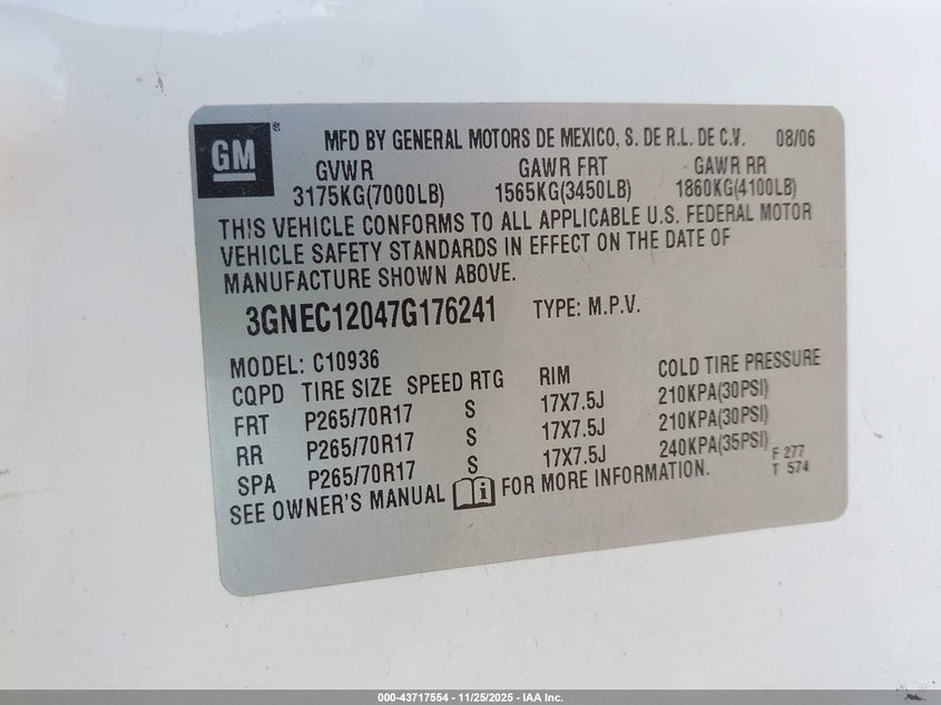 2007 Chevrolet Avalanche 1500 Lt VIN: 3GNEC12047G176241 Lot: 43717554