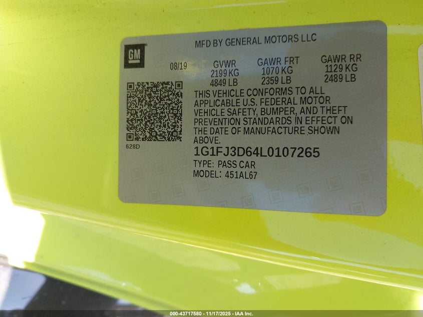 1G1FJ3D64L0107265 2020 CHEVROLET CAMARO photo no. 9
