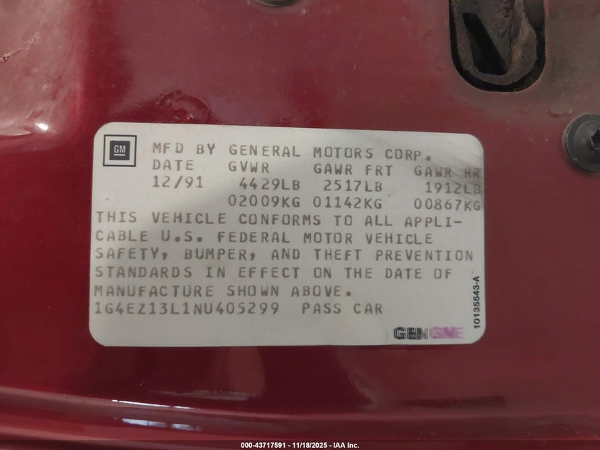 1992 Buick Riviera VIN: 1G4EZ13L1NU405299 Lot: 43717591