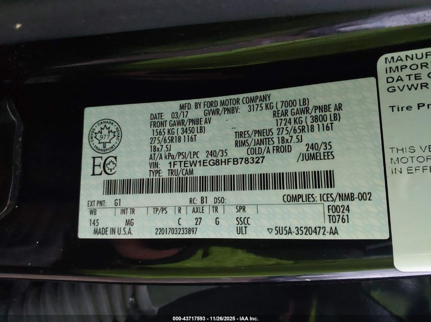 2017 Ford F-150 Xlt VIN: 1FTEW1EG8HFB78327 Lot: 43717593