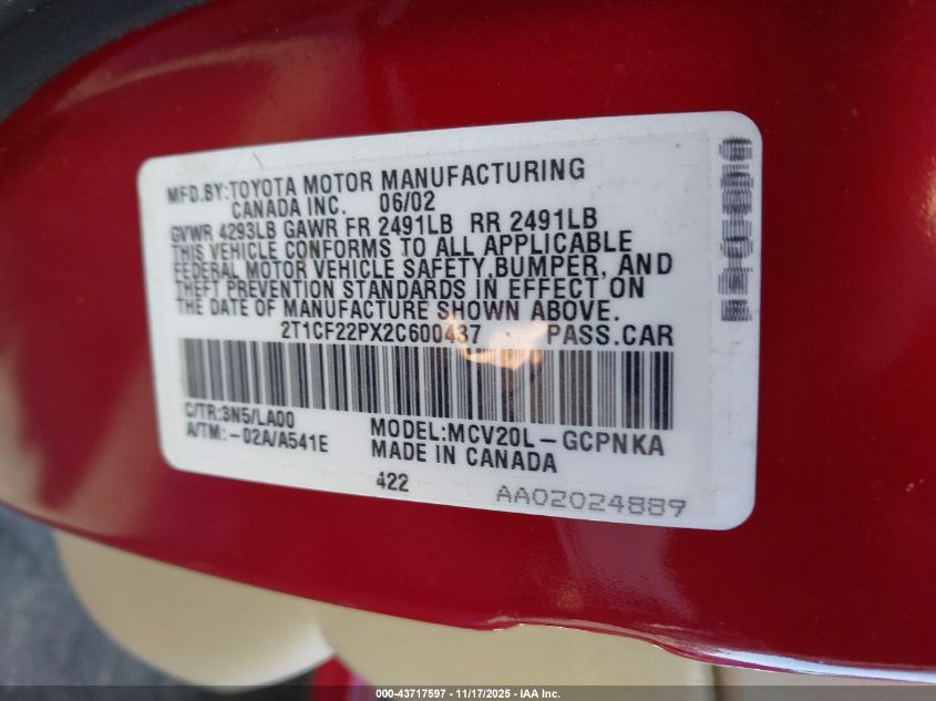 2002 Toyota Camry Solara Sle V6 VIN: 2T1CF22PX2C600437 Lot: 43717597