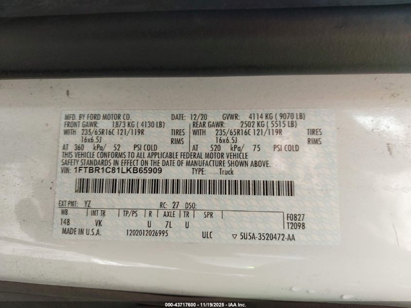 2020 Ford Transit-250 VIN: 1FTBR1C81LKB65909 Lot: 43717600