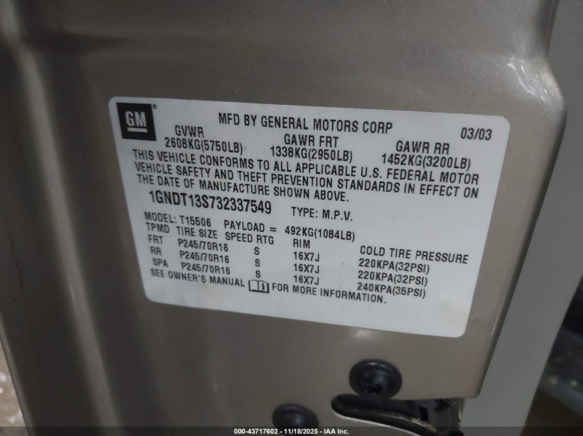 2003 Chevrolet Trailblazer Ls VIN: 1GNDT13S732337549 Lot: 43717602