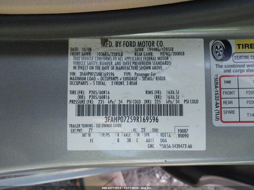 2009 Ford Fusion Se VIN: 3FAHP07Z59R169596 Lot: 43717614