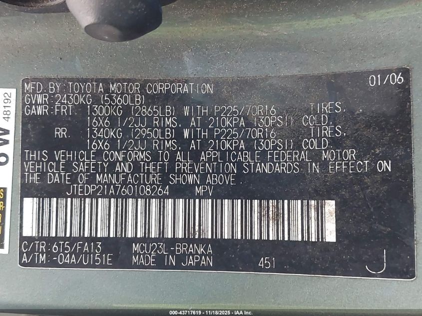 2006 Toyota Highlander V6 VIN: JTEDP21A760108264 Lot: 43717619