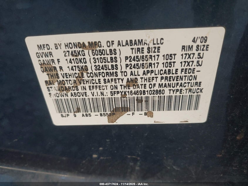 2009 Honda Ridgeline Rts VIN: 5FPYK16469B102860 Lot: 43717624