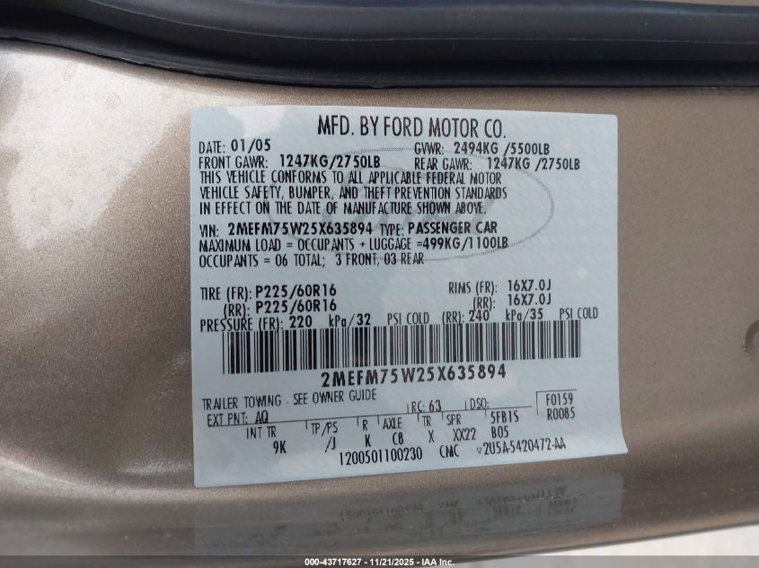 2005 Mercury Grand Marquis Ls/Lse VIN: 2MEFM75W25X635894 Lot: 43717627