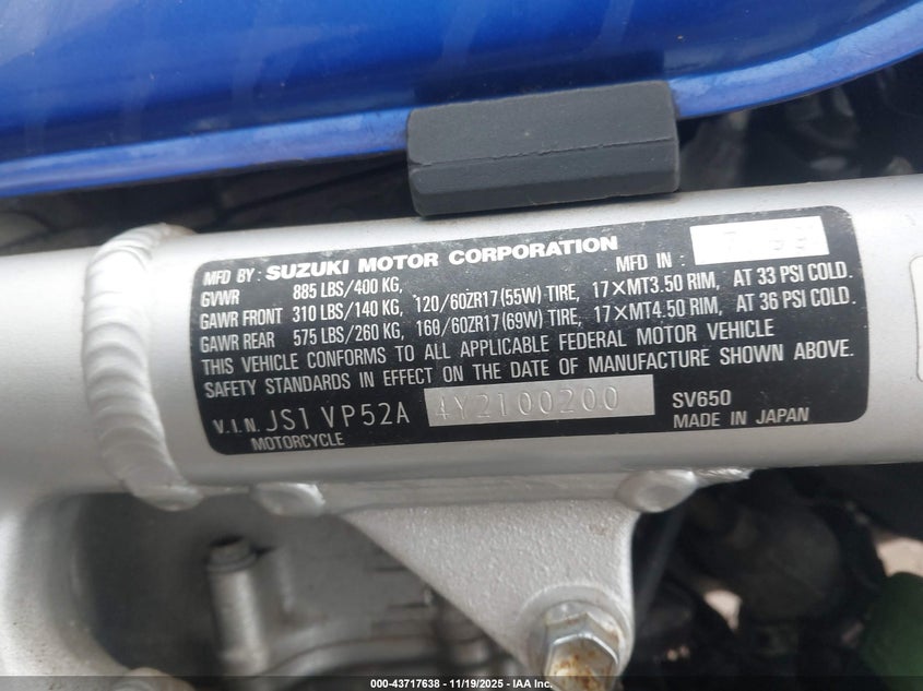 2000 Suzuki Sv650 VIN: JS1VP52A4Y2100200 Lot: 43717638