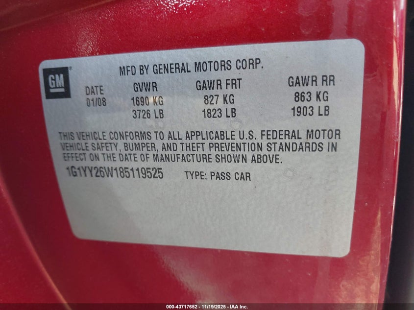 2008 Chevrolet Corvette VIN: 1G1YY26W185119525 Lot: 43717652